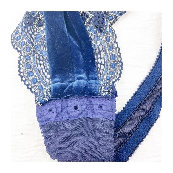 Vintage Victorias Secret Velvet lace one piece bodysuit royal blue deep v snap c - Picture 14 of 16